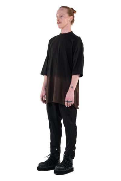 Shop Emerging Slow Fashion Genderless Alternative Avant-garde Designer Mark Baigent Annex Collection Fair Trade Black to Wood Hand-made Ombre Dye Calsi Oversized T-Shirt at Erebus