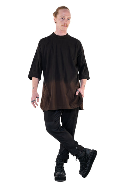 Shop Emerging Slow Fashion Genderless Alternative Avant-garde Designer Mark Baigent Annex Collection Fair Trade Black to Wood Hand-made Ombre Dye Calsi Oversized T-Shirt at Erebus