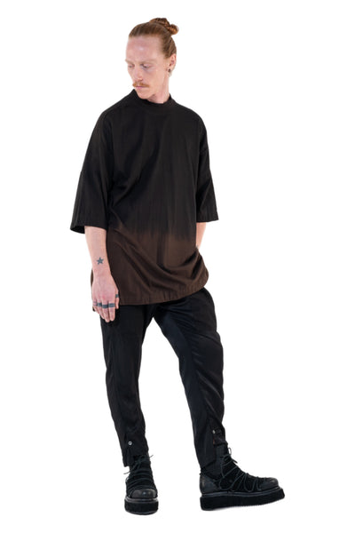 Shop Emerging Slow Fashion Genderless Alternative Avant-garde Designer Mark Baigent Annex Collection Fair Trade Black to Wood Hand-made Ombre Dye Calsi Oversized T-Shirt at Erebus