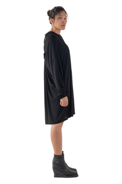 Shop Emerging Slow Fashion Genderless Alternative Avant-garde Designer Mark Baigent Annex Collection Fair Trade Black Bamboo Jersey Long Sleeve Cara Dress at Erebus