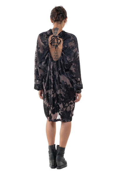 Shop Emerging Slow Fashion Genderless Alternative Avant-garde Designer Mark Baigent Annex Collection Fair Trade Black Sheer Silk Jacquard Long Sleeve Carah Dress at Erebus