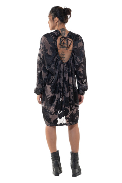 Shop Emerging Slow Fashion Genderless Alternative Avant-garde Designer Mark Baigent Annex Collection Fair Trade Black Sheer Silk Jacquard Long Sleeve Carah Dress at Erebus