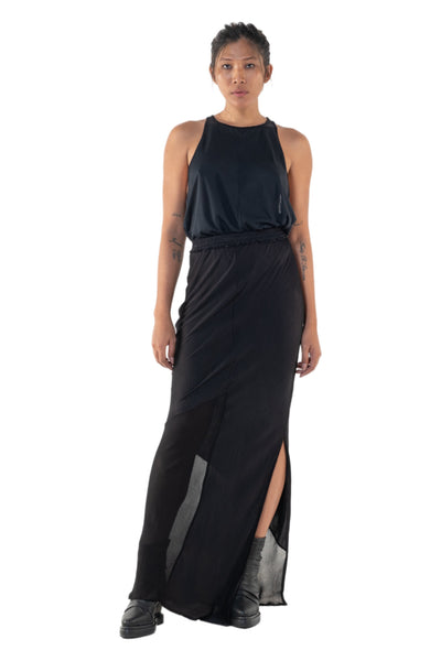 Shop Emerging Slow Fashion Genderless Alternative Avant-garde Designer Mark Baigent Annex Collection Fair Trade Black Viscose Satin and Chiffon Camora Maxi Skirt at Erebus