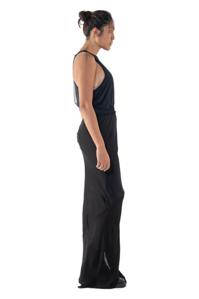 Shop Emerging Slow Fashion Genderless Alternative Avant-garde Designer Mark Baigent Annex Collection Fair Trade Black Viscose Satin and Chiffon Camora Maxi Skirt at Erebus