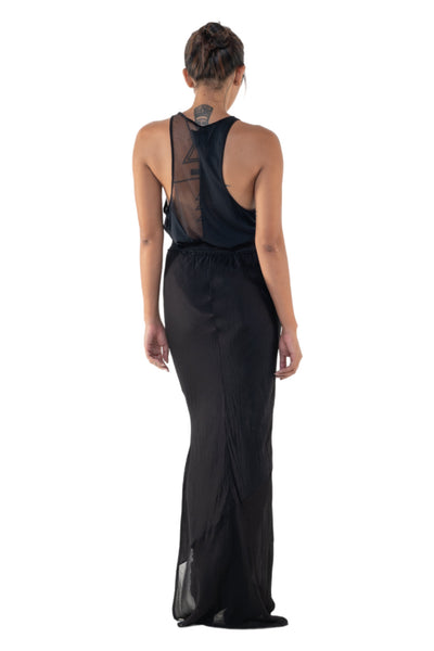 Shop Emerging Slow Fashion Genderless Alternative Avant-garde Designer Mark Baigent Annex Collection Fair Trade Black Viscose Satin and Chiffon Camora Maxi Skirt at Erebus