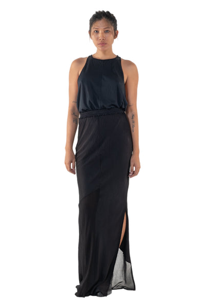 Shop Emerging Slow Fashion Genderless Alternative Avant-garde Designer Mark Baigent Annex Collection Fair Trade Black Viscose Satin and Chiffon Camora Maxi Skirt at Erebus