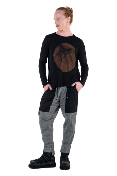 Shop Emerging Slow Fashion Genderless Alternative Avant-garde Designer Mark Baigent Annex Collection Fair Trade Black Hand-made Circle Wood Batik Print Bamboo Dihum Long Sleeve Top at Erebus