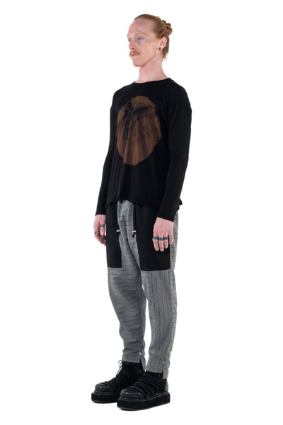 Shop Emerging Slow Fashion Genderless Alternative Avant-garde Designer Mark Baigent Annex Collection Fair Trade Black Hand-made Circle Wood Batik Print Bamboo Dihum Long Sleeve Top at Erebus