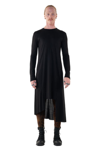 Shop Emerging Slow Fashion Genderless Alternative Avant-garde Designer Mark Baigent Annex Collection Fair Trade Black Bamboo Jersey Asymmetric Long Sleeve Cut-out Dress at Erebus