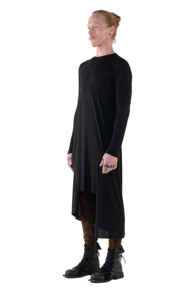 Shop Emerging Slow Fashion Genderless Alternative Avant-garde Designer Mark Baigent Annex Collection Fair Trade Black Bamboo Jersey Asymmetric Long Sleeve Cut-out Dress at Erebus