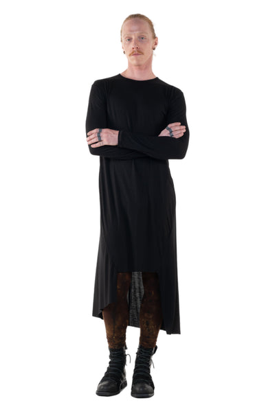 Shop Emerging Slow Fashion Genderless Alternative Avant-garde Designer Mark Baigent Annex Collection Fair Trade Black Bamboo Jersey Asymmetric Long Sleeve Cut-out Dress at Erebus