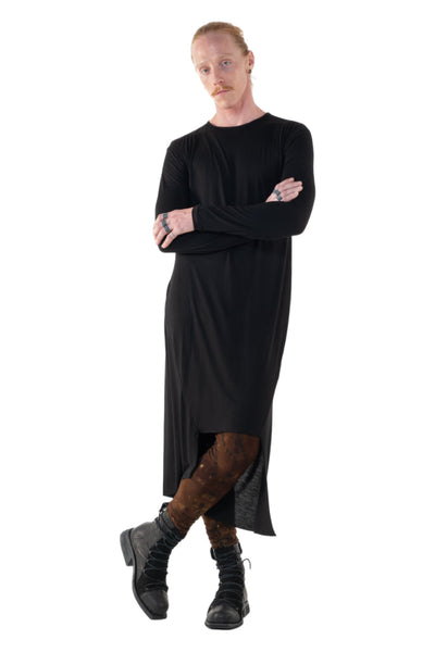 Shop Emerging Slow Fashion Genderless Alternative Avant-garde Designer Mark Baigent Annex Collection Fair Trade Black Bamboo Jersey Asymmetric Long Sleeve Cut-out Dress at Erebus