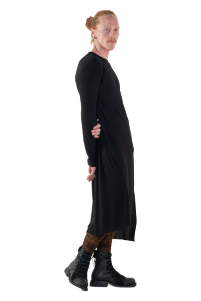 Shop Emerging Slow Fashion Genderless Alternative Avant-garde Designer Mark Baigent Annex Collection Fair Trade Black Bamboo Jersey Asymmetric Long Sleeve Cut-out Dress at Erebus