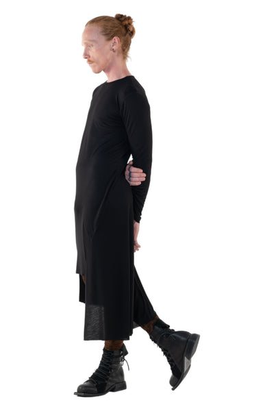 Shop Emerging Slow Fashion Genderless Alternative Avant-garde Designer Mark Baigent Annex Collection Fair Trade Black Bamboo Jersey Asymmetric Long Sleeve Cut-out Dress at Erebus