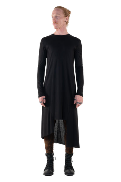 Shop Emerging Slow Fashion Genderless Alternative Avant-garde Designer Mark Baigent Annex Collection Fair Trade Black Bamboo Jersey Asymmetric Long Sleeve Cut-out Dress at Erebus