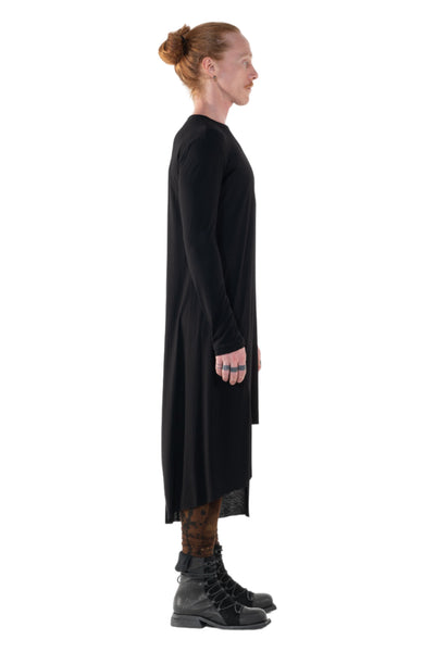 Shop Emerging Slow Fashion Genderless Alternative Avant-garde Designer Mark Baigent Annex Collection Fair Trade Black Bamboo Jersey Asymmetric Long Sleeve Cut-out Dress at Erebus