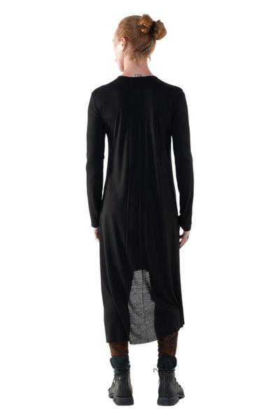 Shop Emerging Slow Fashion Genderless Alternative Avant-garde Designer Mark Baigent Annex Collection Fair Trade Black Bamboo Jersey Asymmetric Long Sleeve Cut-out Dress at Erebus