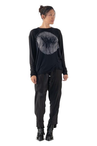 Shop Emerging Slow Fashion Genderless Alternative Avant-garde Designer Mark Baigent Annex Collection Fair Trade Black Hand-made Circle Batik Print Bamboo Dihum Long Sleeve Top at Erebus