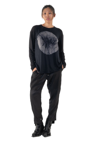 Shop Emerging Slow Fashion Genderless Alternative Avant-garde Designer Mark Baigent Annex Collection Fair Trade Black Hand-made Circle Batik Print Bamboo Dihum Long Sleeve Top at Erebus