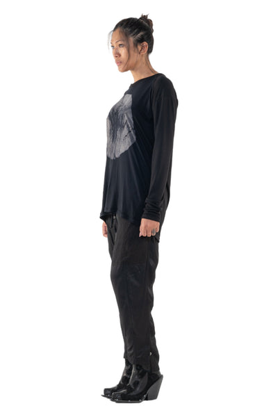 Shop Emerging Slow Fashion Genderless Alternative Avant-garde Designer Mark Baigent Annex Collection Fair Trade Black Hand-made Circle Batik Print Bamboo Dihum Long Sleeve Top at Erebus