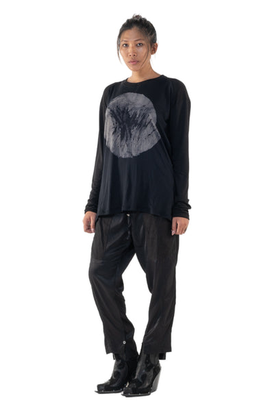 Shop Emerging Slow Fashion Genderless Alternative Avant-garde Designer Mark Baigent Annex Collection Fair Trade Black Hand-made Circle Batik Print Bamboo Dihum Long Sleeve Top at Erebus