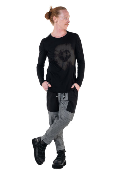 Shop Emerging Slow Fashion Genderless Alternative Avant-garde Designer Mark Baigent Annex Collection Fair Trade Black Hand-made Tie Dye Circle Print Bamboo Dihum Long Sleeve Top at Erebus