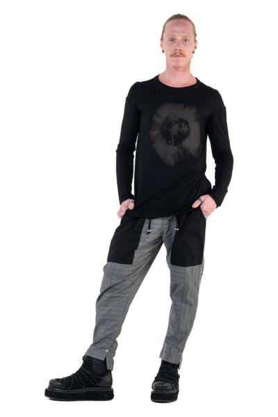 Shop Emerging Slow Fashion Genderless Alternative Avant-garde Designer Mark Baigent Annex Collection Fair Trade Black Hand-made Tie Dye Circle Print Bamboo Dihum Long Sleeve Top at Erebus