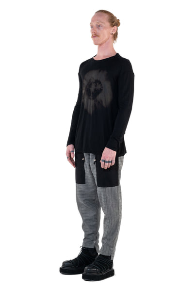 Shop Emerging Slow Fashion Genderless Alternative Avant-garde Designer Mark Baigent Annex Collection Fair Trade Black Hand-made Tie Dye Circle Print Bamboo Dihum Long Sleeve Top at Erebus