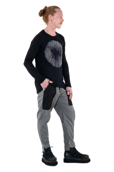 Shop Emerging Slow Fashion Genderless Alternative Avant-garde Designer Mark Baigent Annex Collection Fair Trade Black Hand-made Circle Batik Print Bamboo Dihum Long Sleeve Top at Erebus