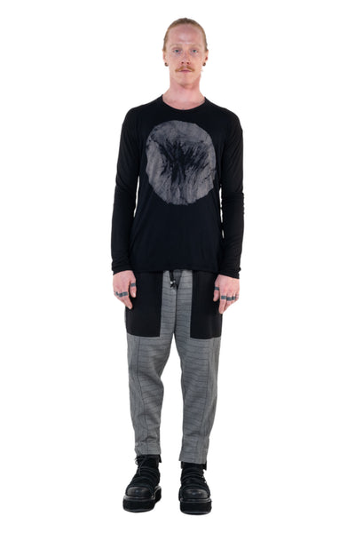 Shop Emerging Slow Fashion Genderless Alternative Avant-garde Designer Mark Baigent Annex Collection Fair Trade Black Hand-made Circle Batik Print Bamboo Dihum Long Sleeve Top at Erebus