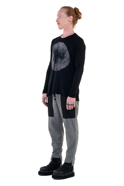 Shop Emerging Slow Fashion Genderless Alternative Avant-garde Designer Mark Baigent Annex Collection Fair Trade Black Hand-made Circle Batik Print Bamboo Dihum Long Sleeve Top at Erebus