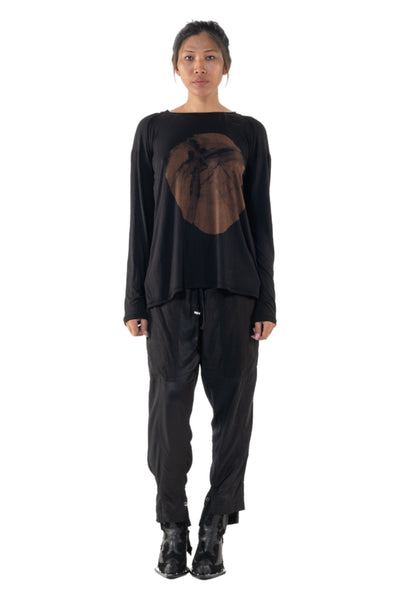 Shop Emerging Slow Fashion Genderless Alternative Avant-garde Designer Mark Baigent Annex Collection Fair Trade Black Hand-made Circle Wood Batik Print Bamboo Dihum Long Sleeve Top at Erebus