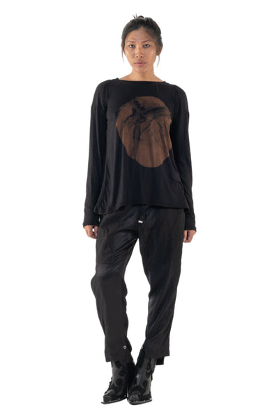 Shop Emerging Slow Fashion Genderless Alternative Avant-garde Designer Mark Baigent Annex Collection Fair Trade Black Hand-made Circle Wood Batik Print Bamboo Dihum Long Sleeve Top at Erebus