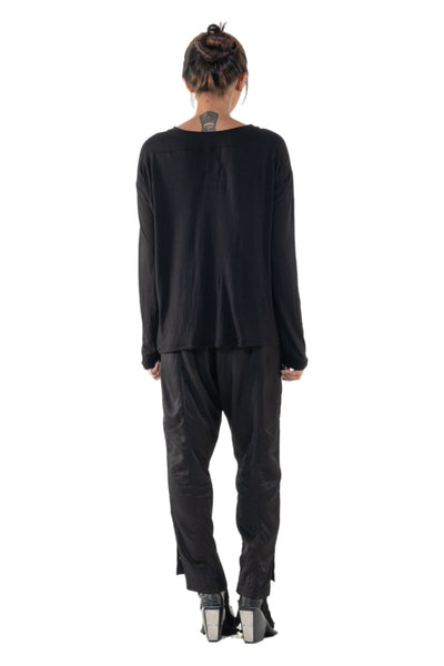 Shop Emerging Slow Fashion Genderless Alternative Avant-garde Designer Mark Baigent Annex Collection Fair Trade Black Hand-made Circle Wood Batik Print Bamboo Dihum Long Sleeve Top at Erebus