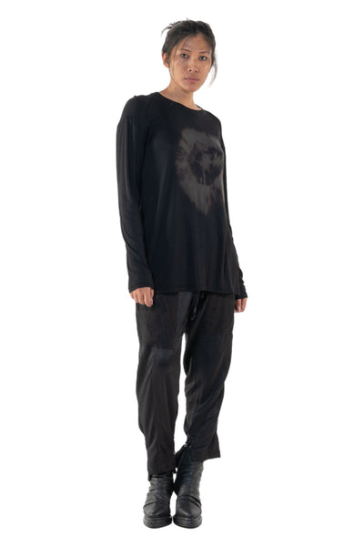 Shop Emerging Slow Fashion Genderless Alternative Avant-garde Designer Mark Baigent Annex Collection Fair Trade Black Hand-made Tie Dye Circle Print Bamboo Dihum Long Sleeve Top at Erebus