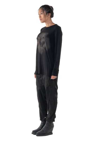 Shop Emerging Slow Fashion Genderless Alternative Avant-garde Designer Mark Baigent Annex Collection Fair Trade Black Hand-made Tie Dye Circle Print Bamboo Dihum Long Sleeve Top at Erebus