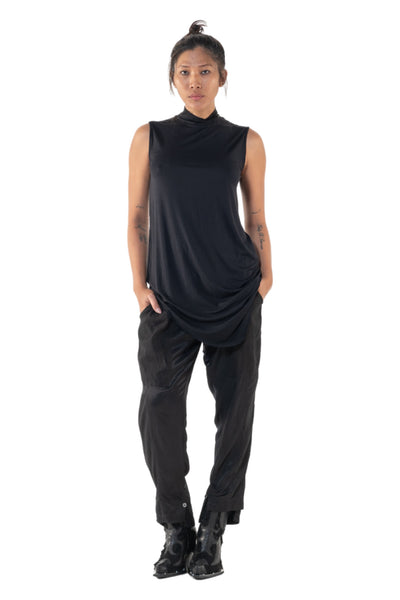 Shop Emerging Slow Fashion Genderless Alternative Avant-garde Designer Mark Baigent Annex Collection Fair Trade Black Viscose Spandex Eyola Sleeveless High-neck Top at Erebus