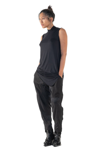 Shop Emerging Slow Fashion Genderless Alternative Avant-garde Designer Mark Baigent Annex Collection Fair Trade Black Viscose Spandex Eyola Sleeveless High-neck Top at Erebus