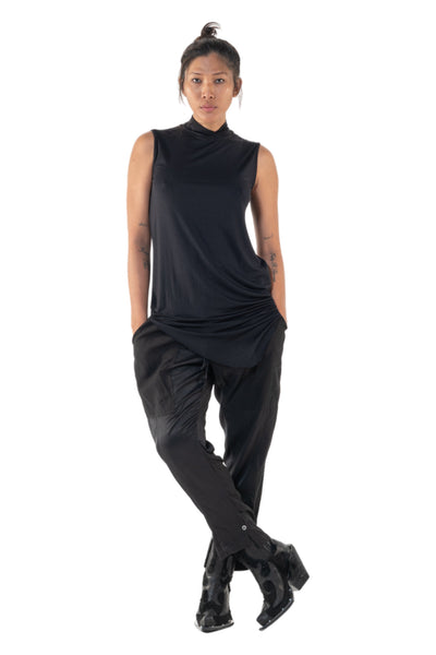 Shop Emerging Slow Fashion Genderless Alternative Avant-garde Designer Mark Baigent Annex Collection Fair Trade Black Viscose Spandex Eyola Sleeveless High-neck Top at Erebus