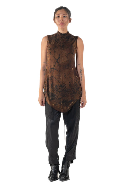 Shop Emerging Slow Fashion Genderless Alternative Avant-garde Designer Mark Baigent Annex Collection Fair Trade Signature Hand-made Noda Brown Batik Viscose Spandex Eyola Sleeveless High-neck Top at Erebus