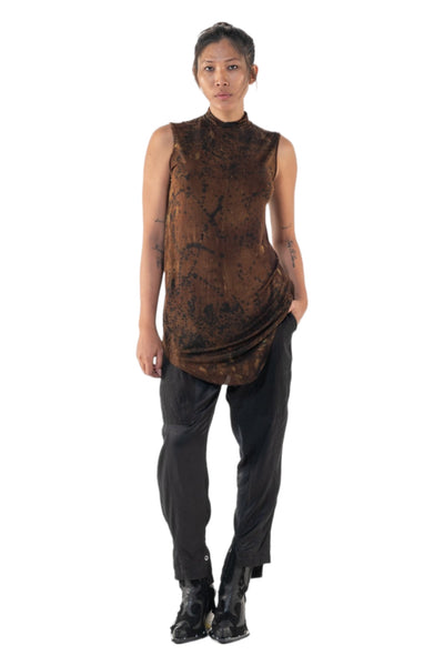 Shop Emerging Slow Fashion Genderless Alternative Avant-garde Designer Mark Baigent Annex Collection Fair Trade Signature Hand-made Noda Brown Batik Viscose Spandex Eyola Sleeveless High-neck Top at Erebus