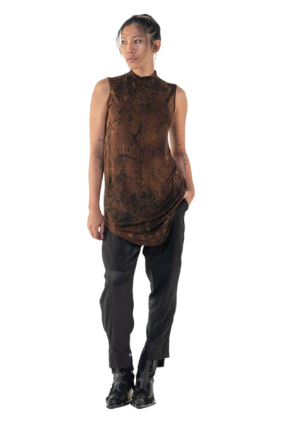 Shop Emerging Slow Fashion Genderless Alternative Avant-garde Designer Mark Baigent Annex Collection Fair Trade Signature Hand-made Noda Brown Batik Viscose Spandex Eyola Sleeveless High-neck Top at Erebus