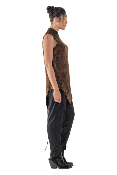 Shop Emerging Slow Fashion Genderless Alternative Avant-garde Designer Mark Baigent Annex Collection Fair Trade Signature Hand-made Noda Brown Batik Viscose Spandex Eyola Sleeveless High-neck Top at Erebus