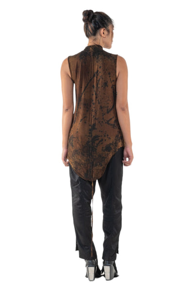 Shop Emerging Slow Fashion Genderless Alternative Avant-garde Designer Mark Baigent Annex Collection Fair Trade Signature Hand-made Noda Brown Batik Viscose Spandex Eyola Sleeveless High-neck Top at Erebus