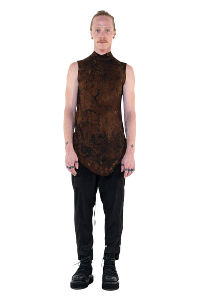 Shop Emerging Slow Fashion Genderless Alternative Avant-garde Designer Mark Baigent Annex Collection Fair Trade Signature Hand-made Noda Brown Batik Viscose Spandex Eyola Sleeveless High-neck Top at Erebus