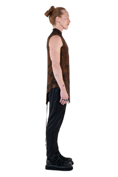 Shop Emerging Slow Fashion Genderless Alternative Avant-garde Designer Mark Baigent Annex Collection Fair Trade Signature Hand-made Noda Brown Batik Viscose Spandex Eyola Sleeveless High-neck Top at Erebus