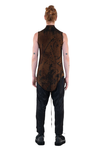 Shop Emerging Slow Fashion Genderless Alternative Avant-garde Designer Mark Baigent Annex Collection Fair Trade Signature Hand-made Noda Brown Batik Viscose Spandex Eyola Sleeveless High-neck Top at Erebus