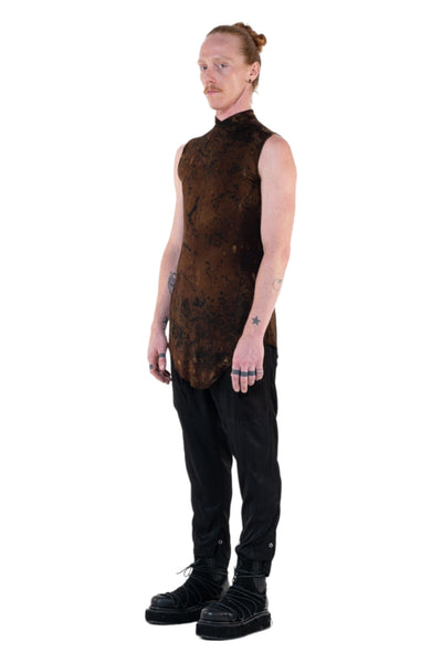 Shop Emerging Slow Fashion Genderless Alternative Avant-garde Designer Mark Baigent Annex Collection Fair Trade Signature Hand-made Noda Brown Batik Viscose Spandex Eyola Sleeveless High-neck Top at Erebus