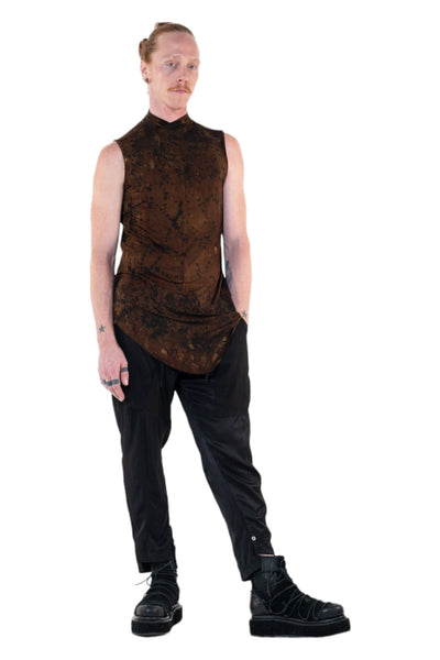 Shop Emerging Slow Fashion Genderless Alternative Avant-garde Designer Mark Baigent Annex Collection Fair Trade Signature Hand-made Noda Brown Batik Viscose Spandex Eyola Sleeveless High-neck Top at Erebus