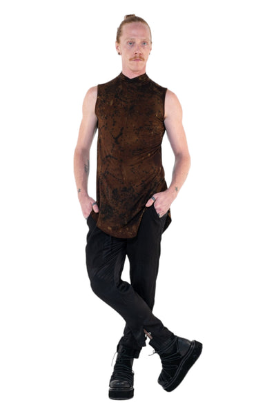 Shop Emerging Slow Fashion Genderless Alternative Avant-garde Designer Mark Baigent Annex Collection Fair Trade Signature Hand-made Noda Brown Batik Viscose Spandex Eyola Sleeveless High-neck Top at Erebus